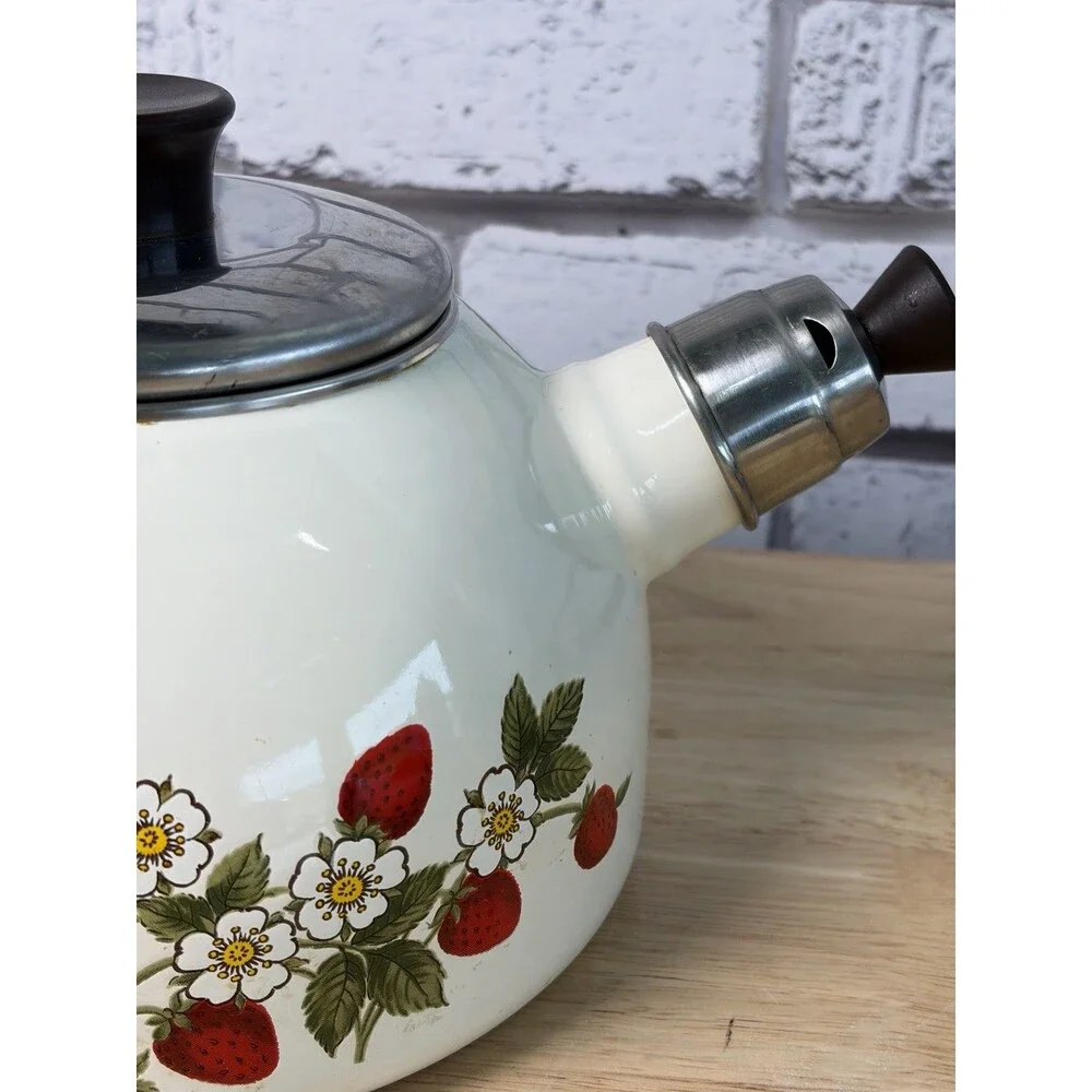 Vintage Strawberry Enamel Whistling Tea Kettle Farmhouse Kitchen Decor